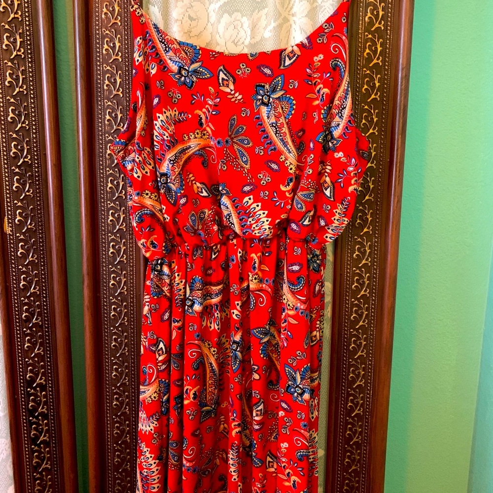 Red Gypsy Print Maxi Boho Strappy Dress